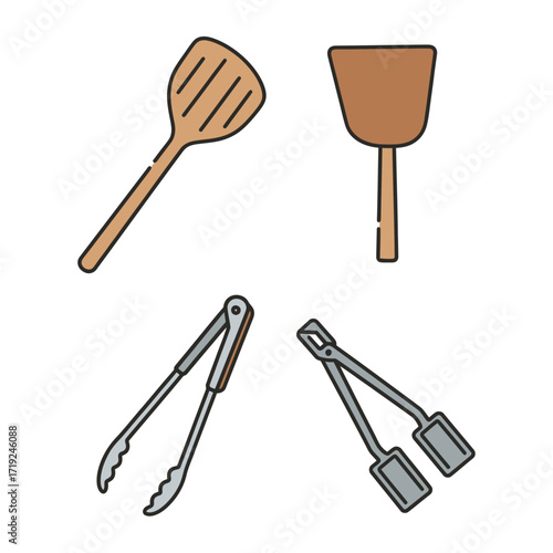 Illustrated Collection of Kitchen Utensils Spatulas and Tongs.