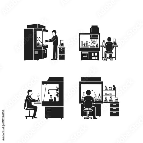 Set of black and white icons showing scientists working in a laboratory with advanced equipment.