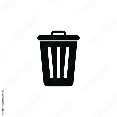 A simple black and white illustration of a trash can with a handle on a plain white background design silhouette