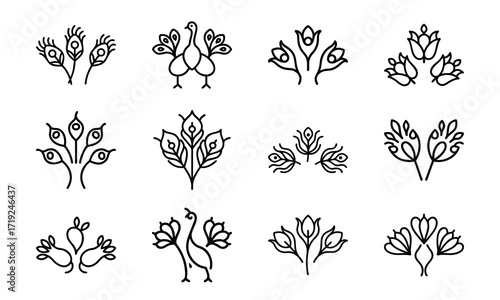 Collection of Line Art Icons – Birds, Flying Dove, Duck Family, Owl Face, Hummingbird, Parrot, Kite, Crane, and Decorative Floral Symbol Outline on White Background