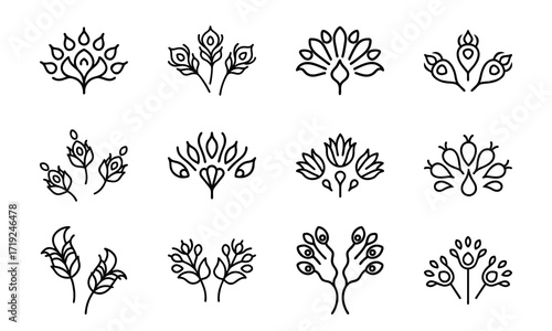Collection of Line Art Icons – Birds, Flying Dove, Duck Family, Owl Face, Hummingbird, Parrot, Kite, Crane, and Decorative Floral Symbol Outline on White Background