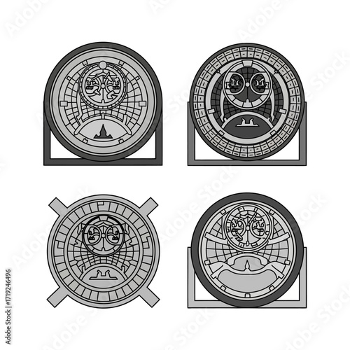 Set of Four Detailed Sci-Fi Manhole Cover Vector Illustrations.