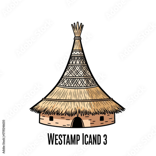 Traditional African hut with thatched roof hand drawn illustration.