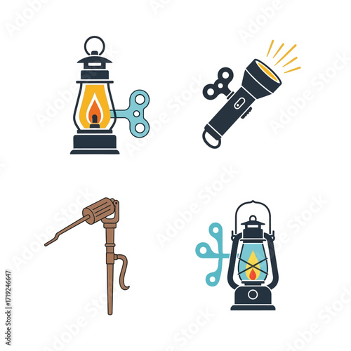 vintage lighting devices, antique lamps, kerosene lamps, and crank lamps.