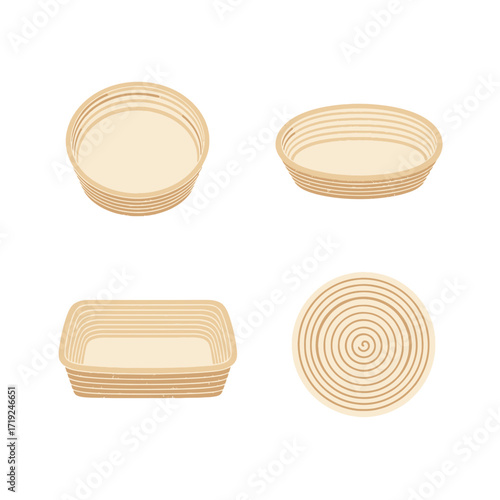 Vector Illustration Set of Banneton Bread Proofing Baskets.