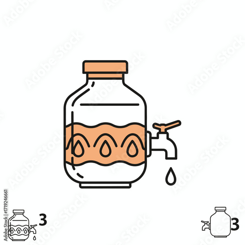 Water dispenser with tap and water drops, liquid container illustration.