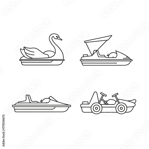Various watercraft illustrations including swan boat and pedal boats.