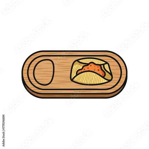 Wooden serving board with a delicious stuffed pastry and a small dip area.