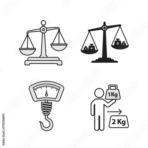 Weight Measurement Icons Set - Scales, Spring Scale, and Weight Comparison.