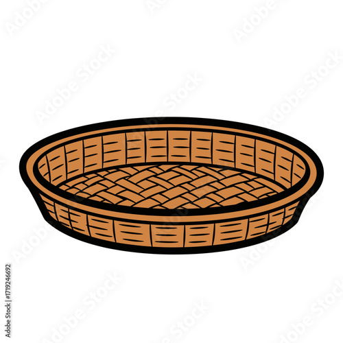 Woven wicker basket with a circular shape for holding items.