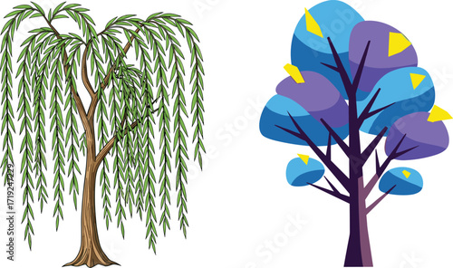 Stylized willow and abstract tree illustration, botanical contrast vector art for educational, decorative, seasonal, artistic, and stock content use.
