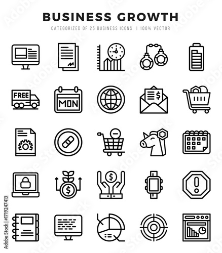 set of business growth icons. simple lineal art style icons pack.