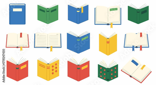 Collection of colorful open and closed books arranged for educational or reading concepts
