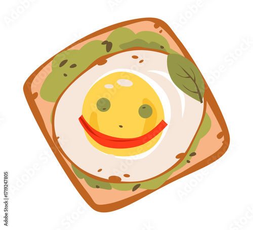 Cute sandwich with fried eggs and a smile of vegetables. Flat vector illustration of healthy and funny breakfast.