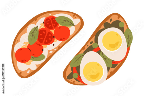 Healthy breakfast with toast, eggs, and vegetables. Delicious morning meal. Cozy homemade cuisine with sandwich.