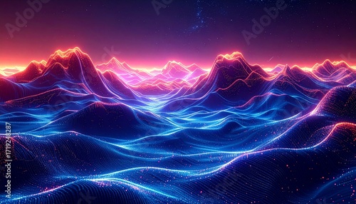 Abstract glowing neon waves of a digital ocean under a fiery sky, a vibrant futuristic landscape