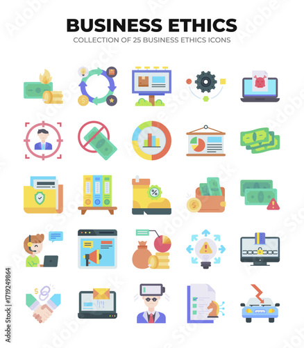 Collection of 25 Business Ethics Icons. Flat Design. Colorful. Corporate Social Responsibility