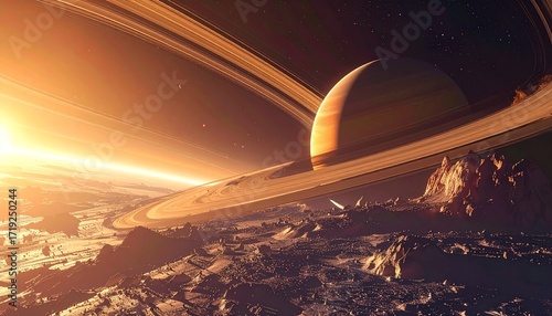 Astonishing 3D illustration of Saturn's rings casting a dramatic golden glow over its rocky surface, evoking a sense of cosmic wonder and exploration