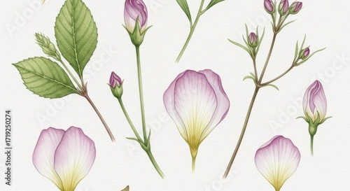 Watercolor Floral Illustration: Delicate Petals Buds and Leaves.