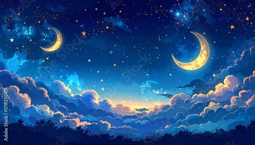 Enchanting night sky panorama featuring luminous twin crescent moons and a breathtaking array of sparkling stars above ethereal, glowing clouds, creating a magical dreamscape