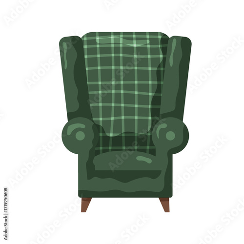 Stylish green wingback chair with plaid upholstery in a cozy setting