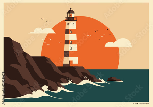 A picturesque lighthouse stands tall against a backdrop of a vibrant sunset, with birds soaring above the tranquil sea, creating a serene coastal scene with rocky cliffs and gentle waves