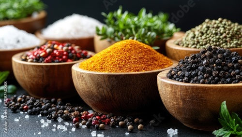 Assorted spices in wooden bowls on dark surface (1)