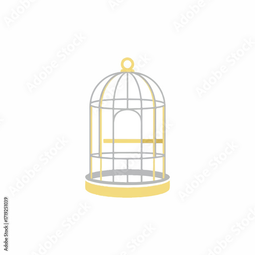Illustration of an open gray and yellow birdcage on a white background with a simple design.