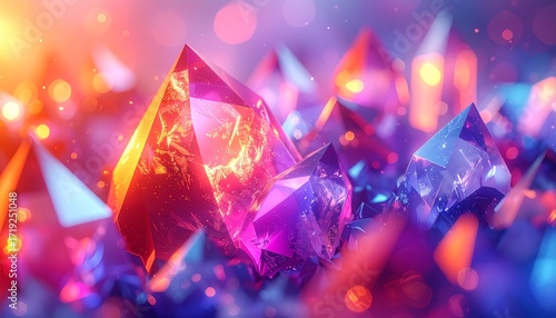 Vibrant, faceted crystals glowing with internal fire, set against a bokeh background of warm, diffused lights