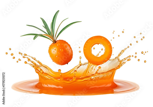 Freshly squeezed sea buckthorn juice splash, showcasing vibrant orange juice droplets and a sea buckthorn fruit with leaves, creates a dynamic and appetizing visual.
