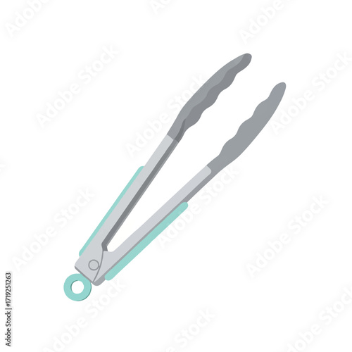 Gray kitchen tongs with teal accents on a white background, showcasing a modern design with a hole at the end of the handle.