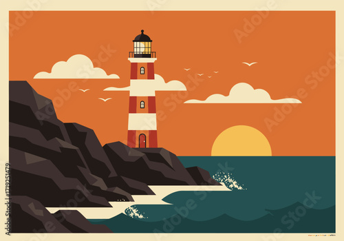 A picturesque lighthouse stands tall against a backdrop of a vibrant sunset, with birds soaring above the tranquil sea, creating a serene coastal scene with rocky cliffs and gentle waves