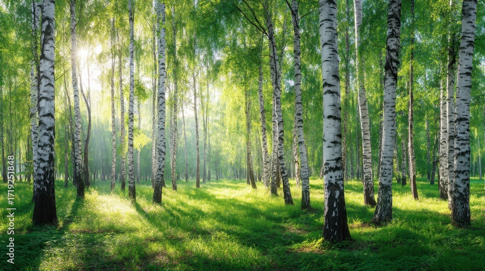 Obraz premium Sun peeking through a young spring birch grove. Forest with bright sunlight and green grass illumination. Natural outdoor scenery for tranquil backgrounds.