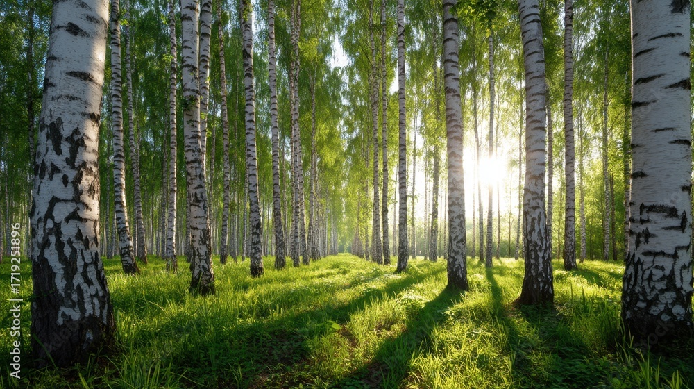 Fototapeta premium Scenic view of a beautiful birch grove with bright green grass and sun rays streaming through the trees. Natural forest landscape.
