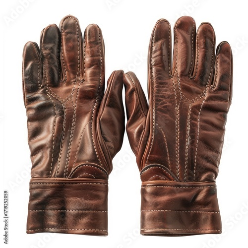 A pair of brown leather gloves, displayed against a white background, feature a classic design with subtle stitching details and a slightly worn appearance, suggesting a vintage or well-used aesthetic