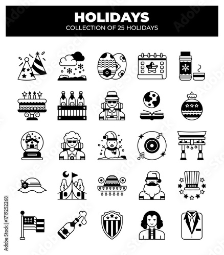 Collection of 25 Holidays. Festive Travel. Vacation. and Celebration Icons