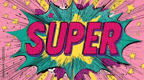 Bright comic book explosion with the word super in bold pink letters. Pop art style illustration for fun design element.
