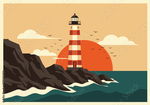 A picturesque lighthouse stands tall against a backdrop of a vibrant sunset, with birds soaring above the tranquil sea, creating a serene coastal scene with rocky cliffs and gentle waves