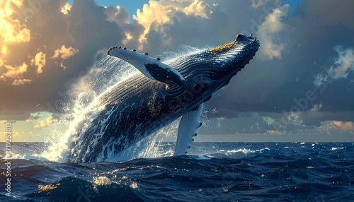 Majestic Humpback Whale Breaching in Sunlit Ocean Waves Under Dramatic Clouds
