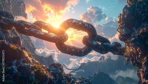 A colossal, ancient chain spans a majestic mountain pass, bathed in the golden hues of a setting sun, symbolizing strength and connection across vast divides
