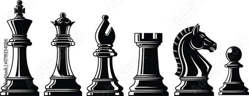 Chess piece illustration set, black vector icons, king, queen, rook, bishop, knight, pawn design, strategy game art, isolated