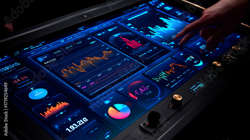 Hand interacting with a futuristic touchscreen dashboard displaying data visualizations and analytics in a dark environment