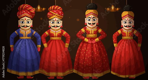 An exquisite flat design illustration of traditional Rajasthani puppets, highlighting their intricate designs and cultural significance. 
