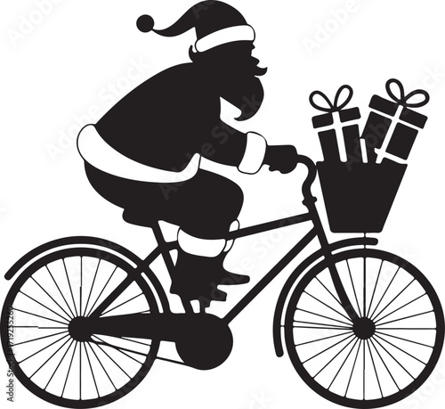 Black silhouette of Santa Claus riding a bicycle with gifts in the basket presents