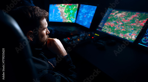 Man analyzing data on multiple computer monitors displaying geographic and satellite imagery in a dimly lit control room
