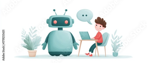 Friendly Robot Assisting a Child with Homework in a Cozy Workspace Surrounded by Indoor Plants
