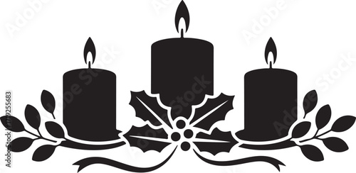 Three lit candles with holly and ribbon design flame light