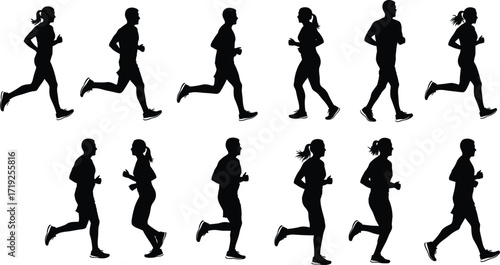 Running silhouettes, jogging figures, athletic motion, human movement, fitness posture, male and female runners, sports activity, exercise, workout, black silhouettes