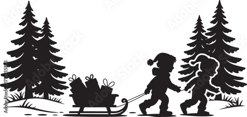 Two children in silhouette pulling a sleigh full of gifts through a snowy forest presents