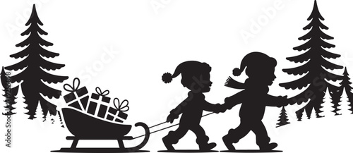 Two children pulling a sleigh full of gifts through a snowy forest presents winter